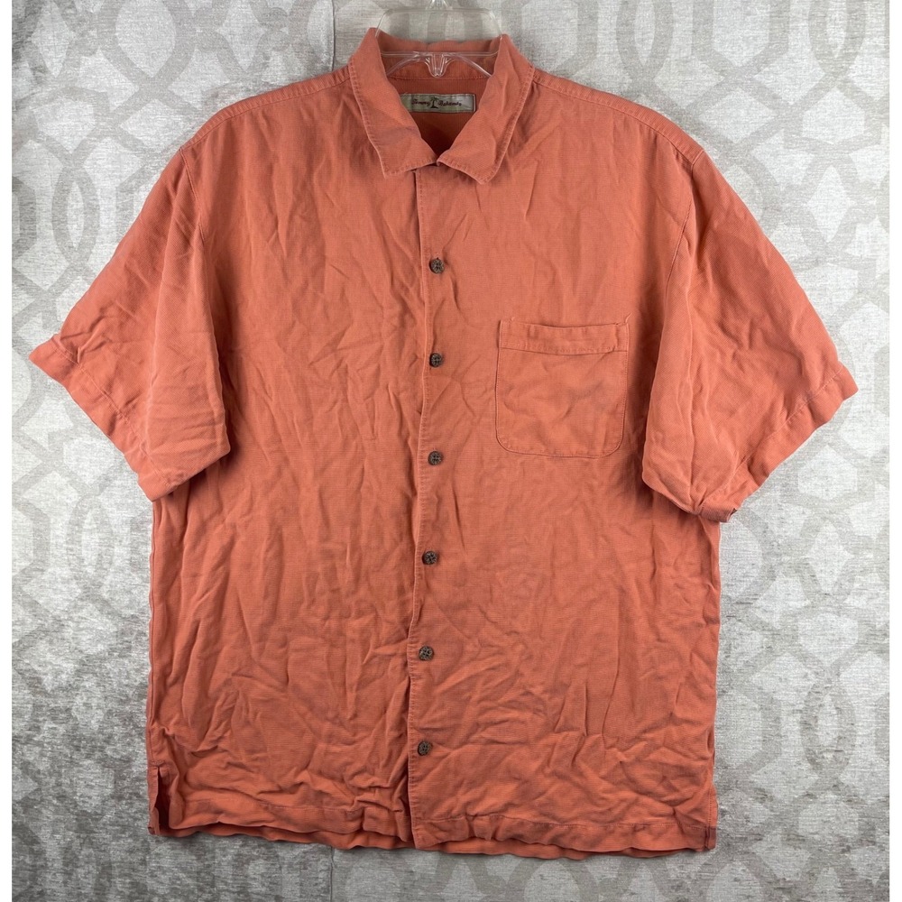 Tommy Bahama Silk Camp Shirt Mens Medium Coral Orange Waffle Weave Short Sleeve